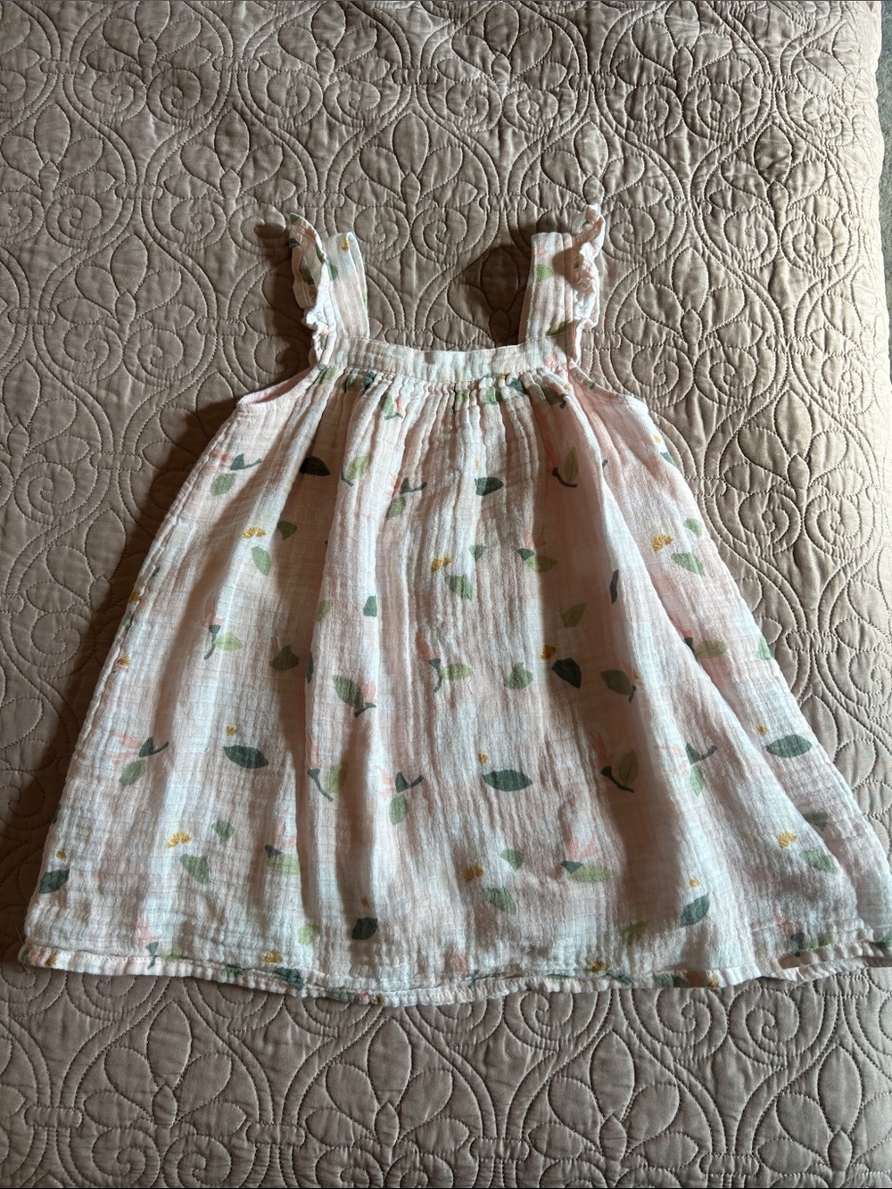 Angel Dear Pale Pink Floral Sundress with Green Leaf Accents